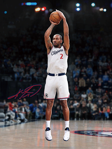 A stylized digital illustration of a basketball player dribbling in an empty arena.