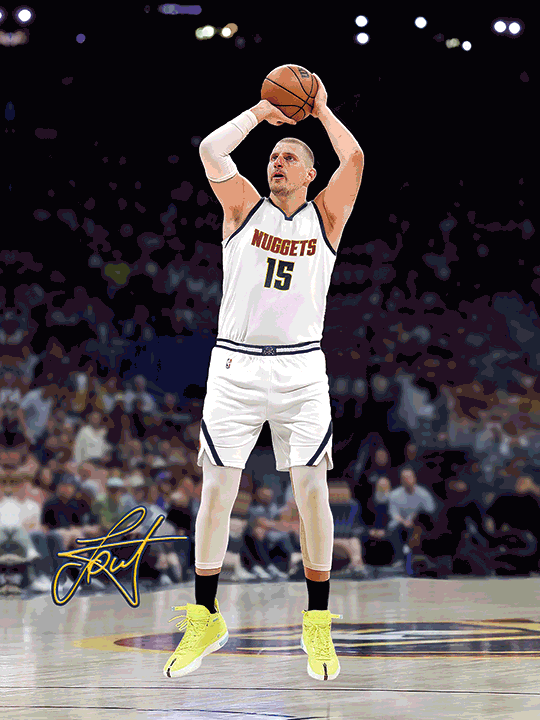 A stylized digital illustration of a basketball player dribbling in an empty arena.