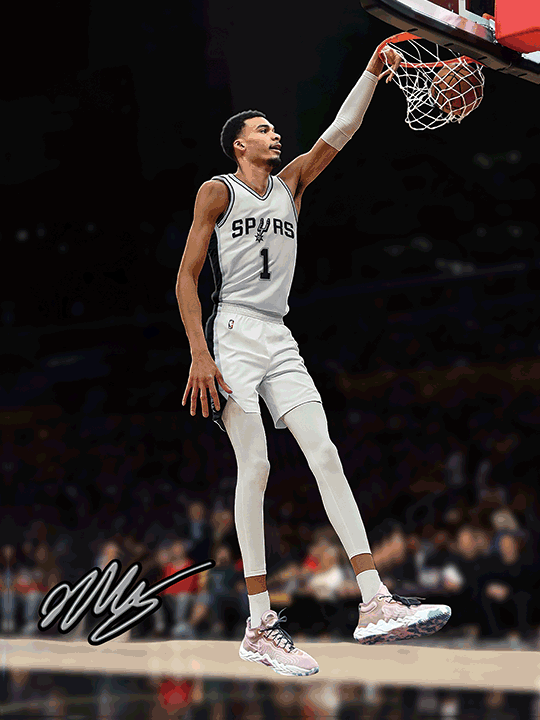 A stylized digital illustration of a basketball player dribbling in an empty arena.