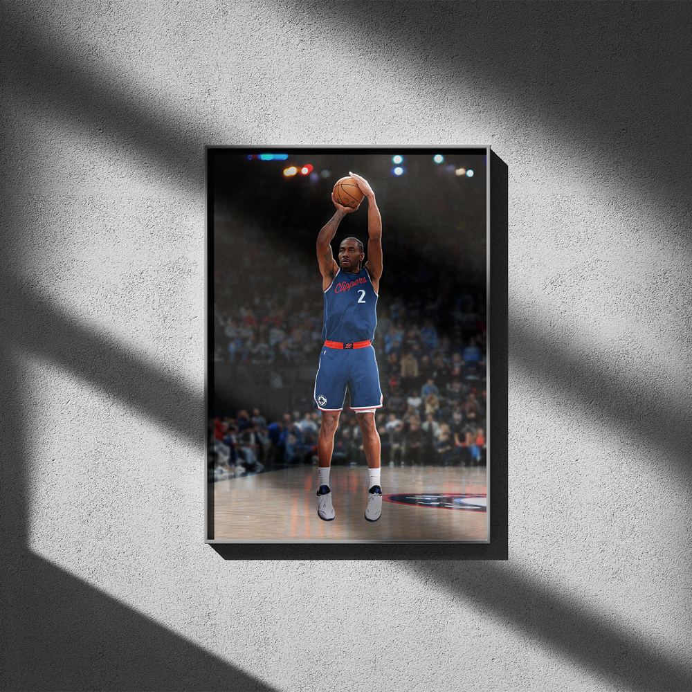 A stylized digital illustration of a basketball player dribbling in an empty arena.