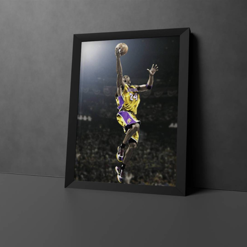 A stylized digital illustration of a basketball player dribbling in an empty arena.