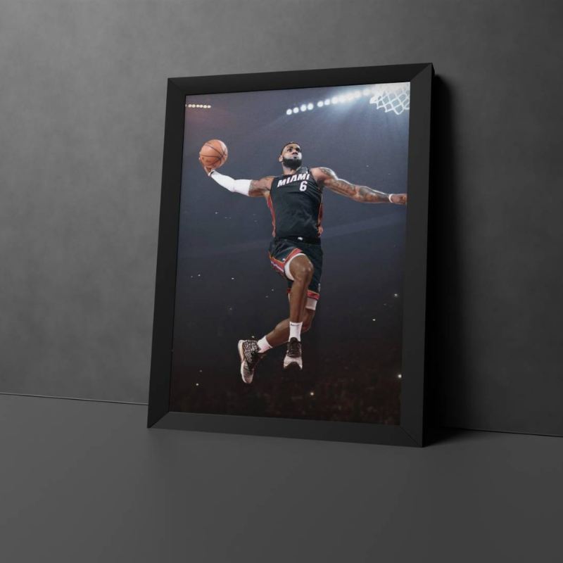 A stylized digital illustration of a basketball player dribbling in an empty arena.